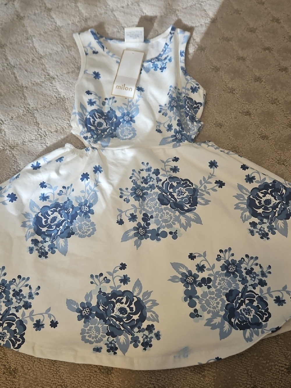 Milon Girls' White & Blue Floral Sleeveless Dress